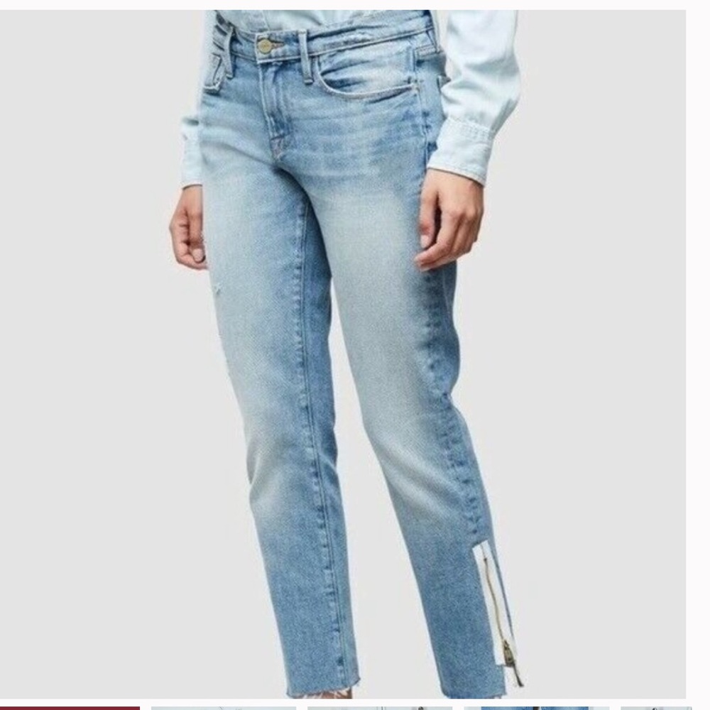 FRAME Le High Straight Distressed Knee  Allowell Wash Ankle Zip Frayed Hem Sz
